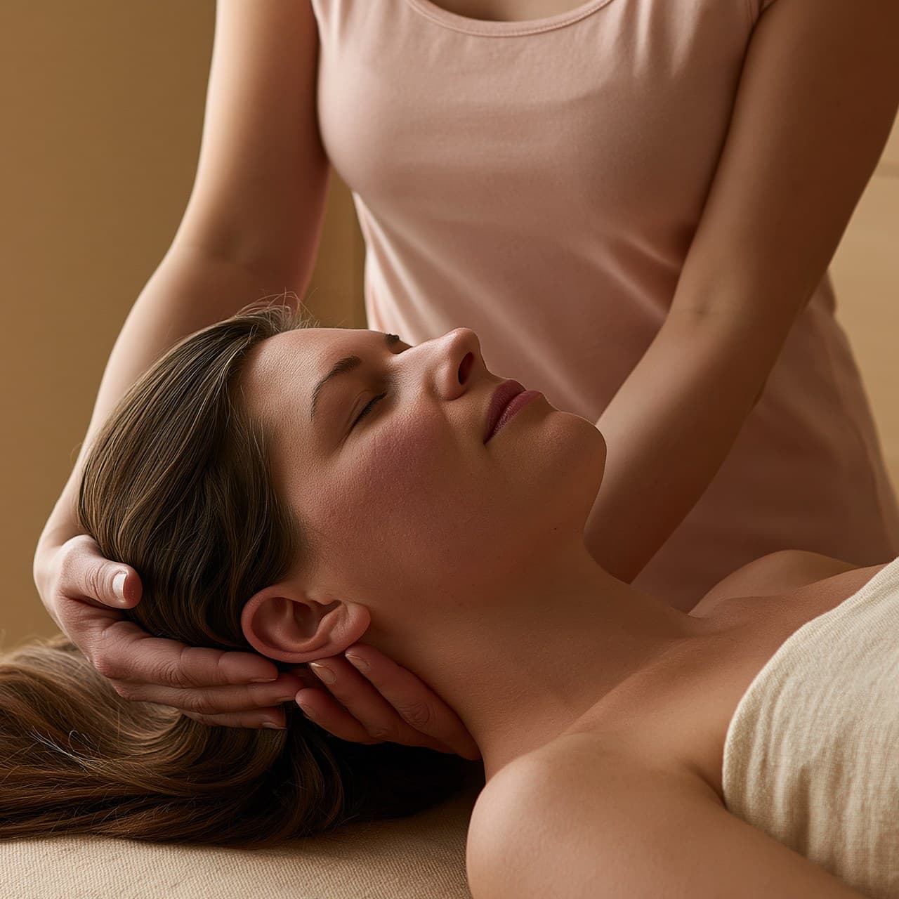 Sanfte Kopf-Nacken-Massage in einem hellen Massagestudio
