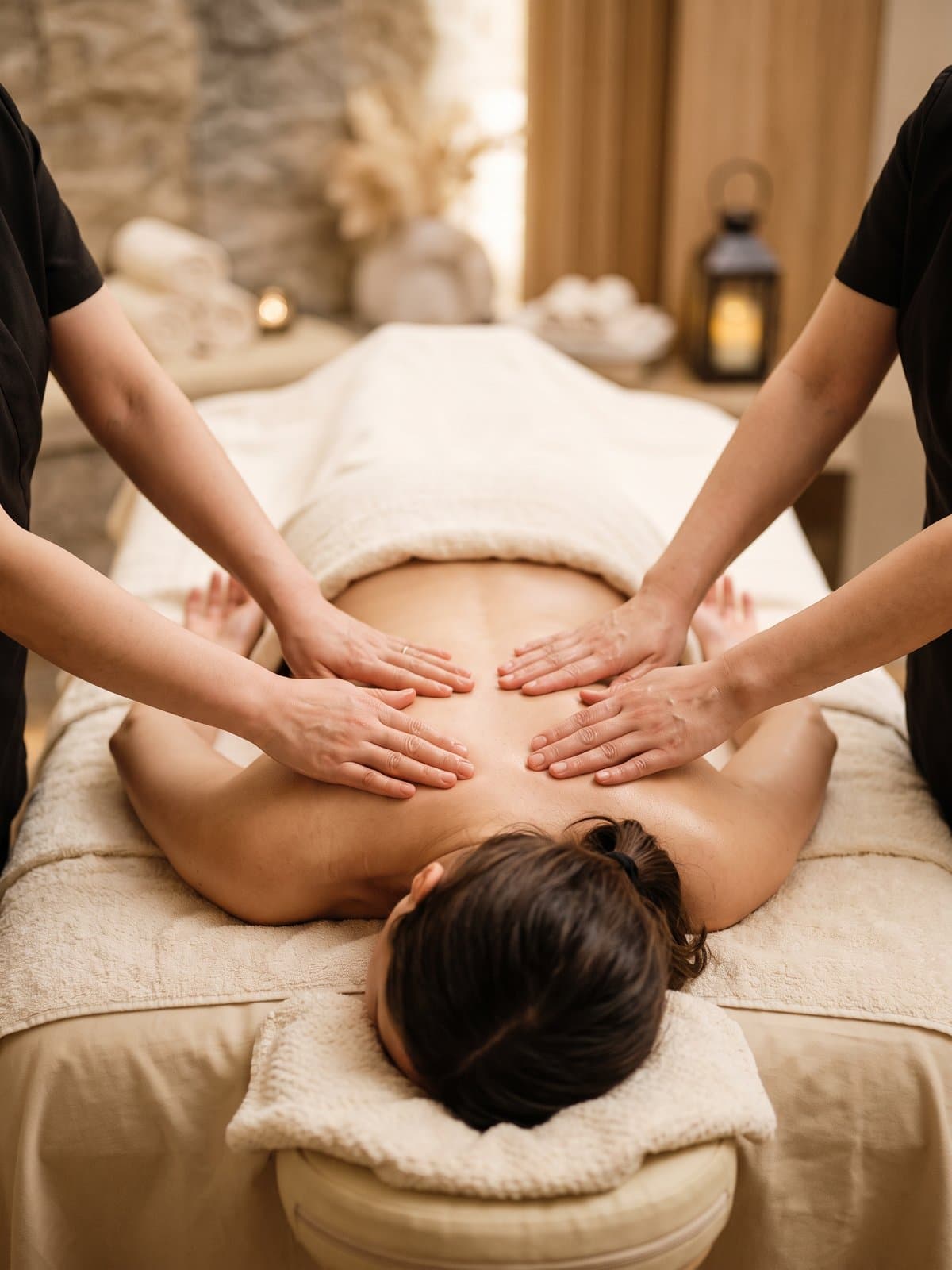 Nahaufnahme einer Vierhand Massage: Vier Hände massieren gleichzeitig Rücken und Schultern, Studio in Mönchengladbach-Rheydt